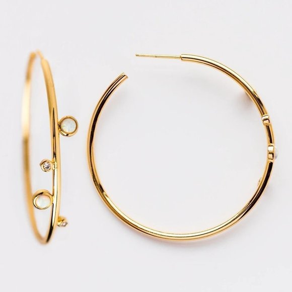 Opal Earrings, Opal Huggies, 14K Gold Earrings Tiny Beautiful Opal Gold Plated Big Hoop Earrings for Women, VP1013